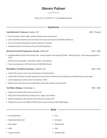 Lead Machinist Resume