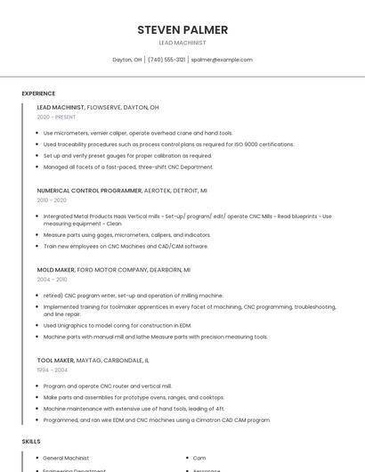 Lead Machinist Resume