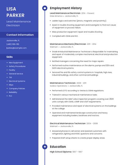 Lead Maintenance Electrician Resume