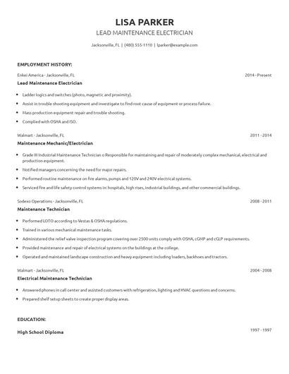Lead Maintenance Electrician Resume