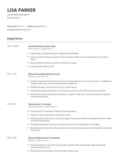 Lead Maintenance Electrician Resume