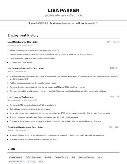 Lead Maintenance Electrician Resume