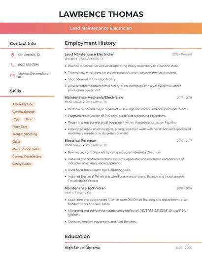 Lead Maintenance Electrician Resume