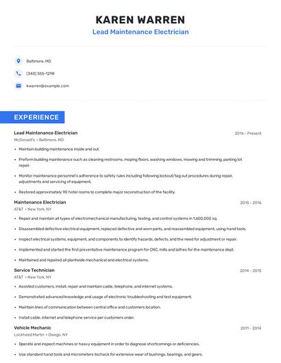 Lead Maintenance Electrician Resume
