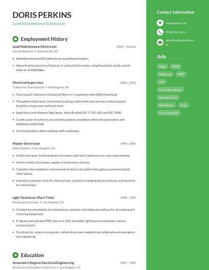 Lead Maintenance Electrician Resume