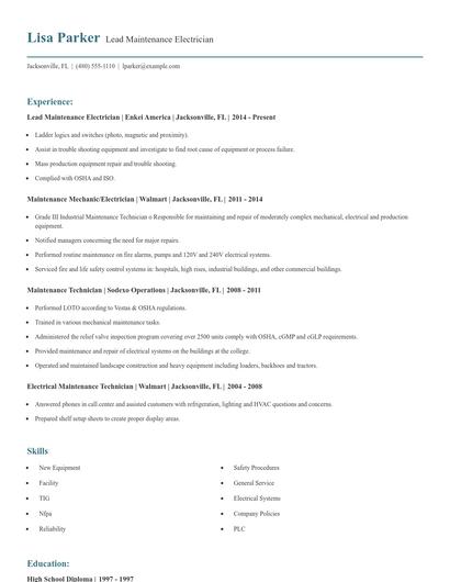Lead Maintenance Electrician Resume