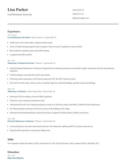Lead Maintenance Electrician Resume