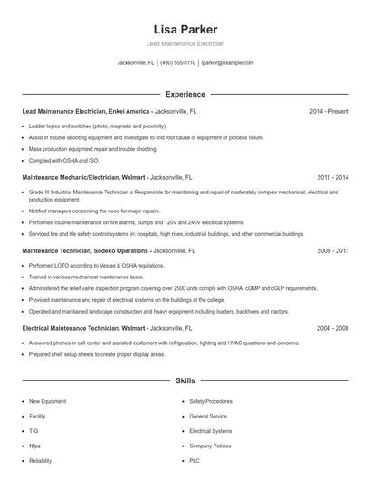Lead Maintenance Electrician Resume