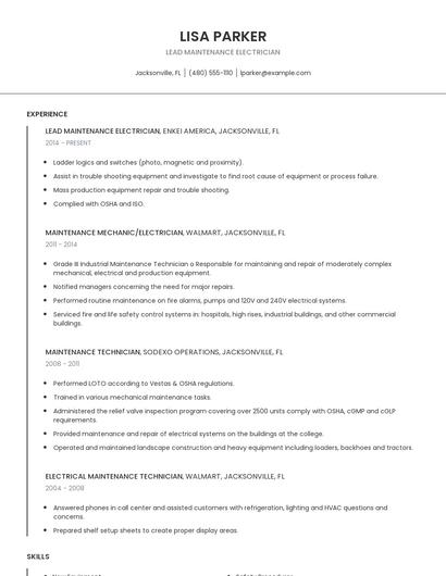Lead Maintenance Electrician Resume