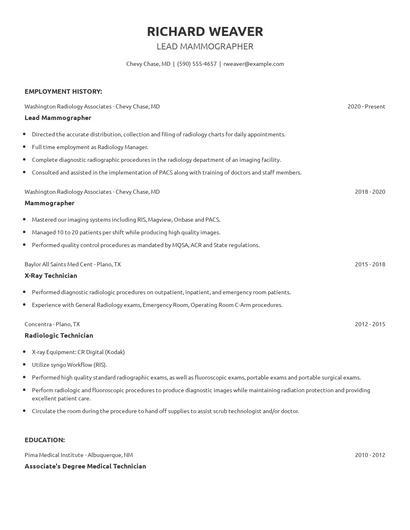 Lead Mammographer Resume