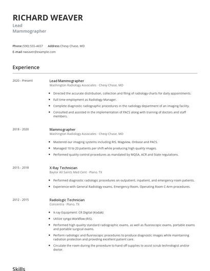 Lead Mammographer Resume