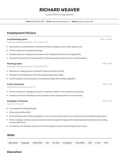 Lead Mammographer Resume
