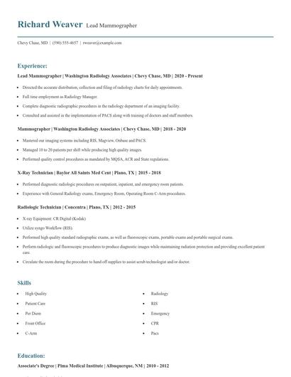 Lead Mammographer Resume
