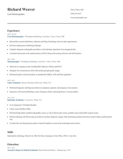 Lead Mammographer Resume