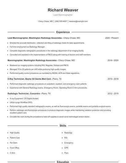 Lead Mammographer Resume