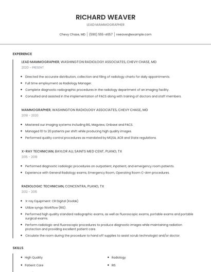 Lead Mammographer Resume