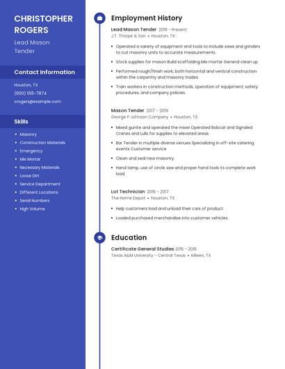 Lead Mason Tender Resume