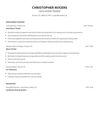 Lead Mason Tender Resume
