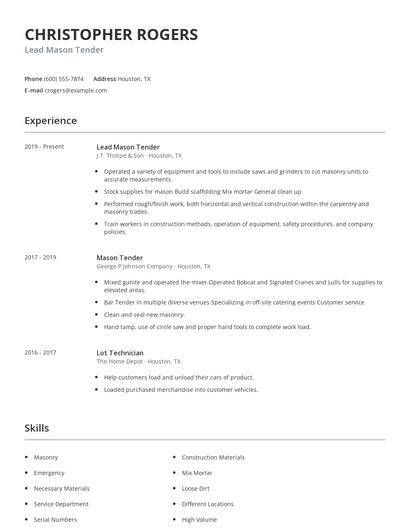Lead Mason Tender Resume