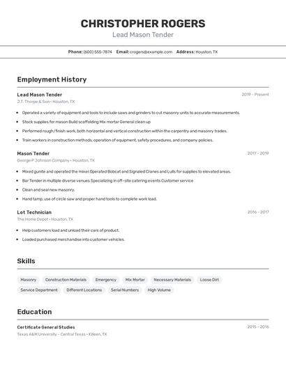 Lead Mason Tender Resume