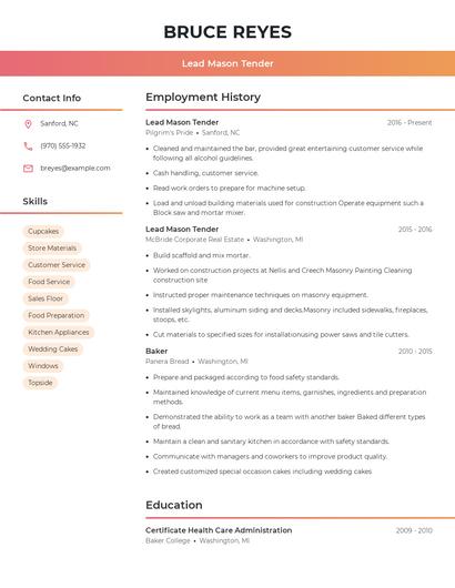 Lead Mason Tender Resume