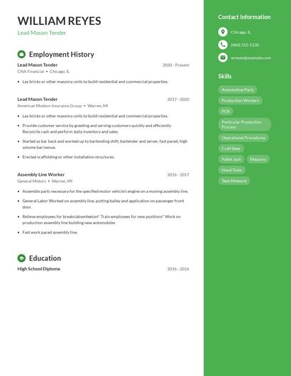 Lead Mason Tender Resume