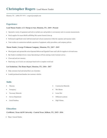 Lead Mason Tender Resume
