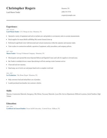 Lead Mason Tender Resume
