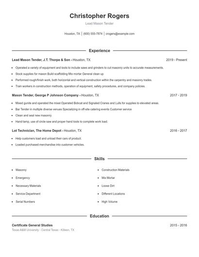 Lead Mason Tender Resume