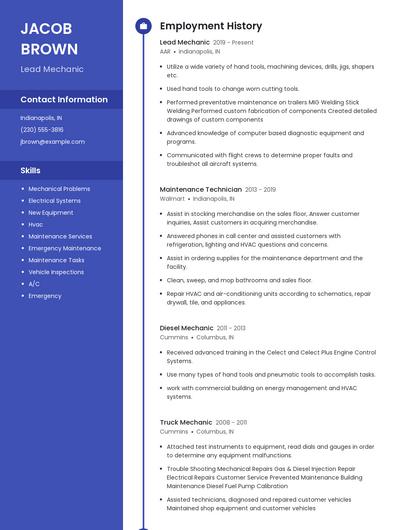 Lead Mechanic Resume