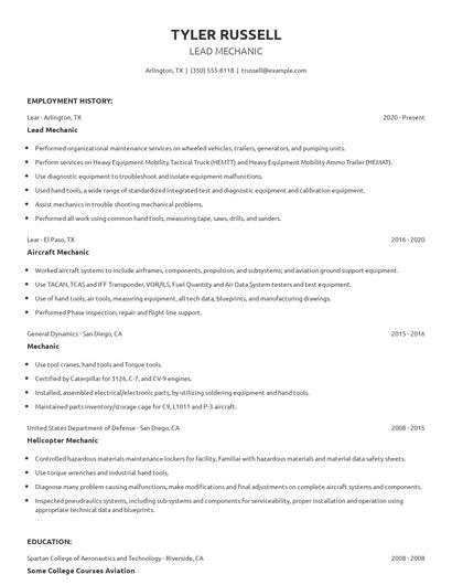 Lead Mechanic Resume