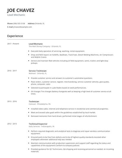 Lead Mechanic Resume