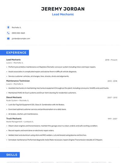 Lead Mechanic Resume