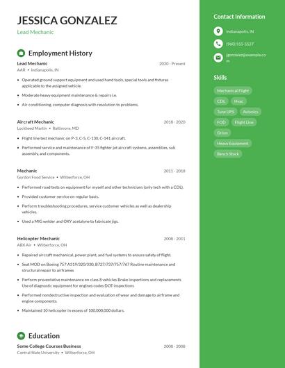 Lead Mechanic Resume