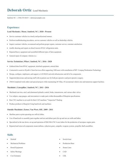 Lead Mechanic Resume