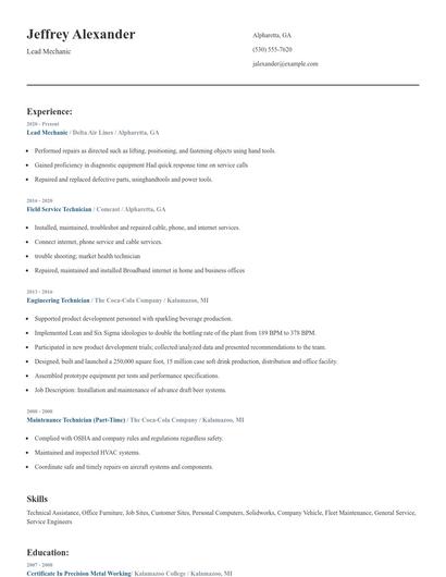 Lead Mechanic Resume
