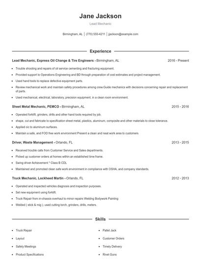 Lead Mechanic Resume