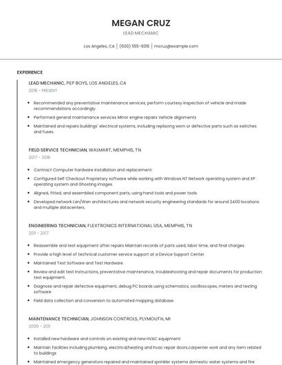 Lead Mechanic Resume
