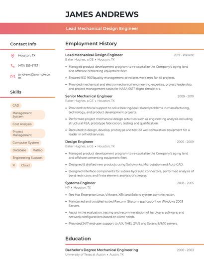 Lead Mechanical Design Engineer Resume