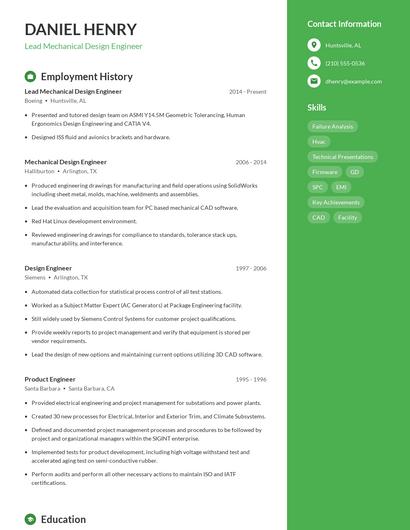 Lead Mechanical Design Engineer Resume