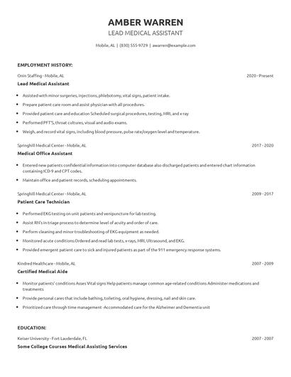 Lead Medical Assistant Resume