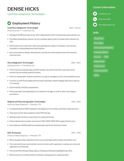 Lead Neurodiagnostic Technologist Resume