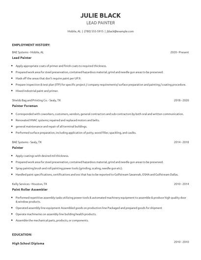Lead Painter Resume