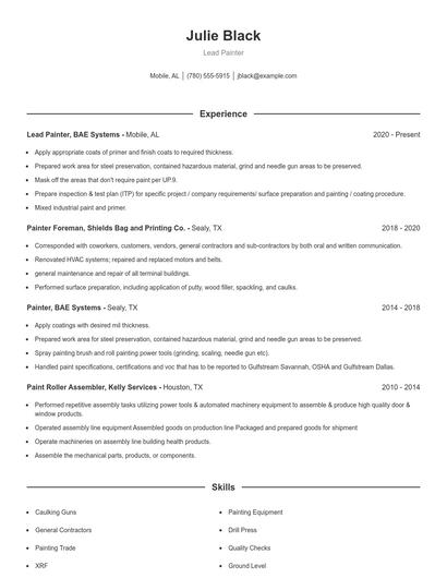 Lead Painter Resume
