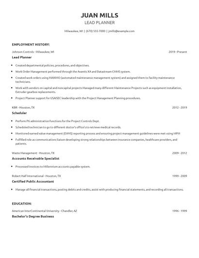 Lead Planner Resume