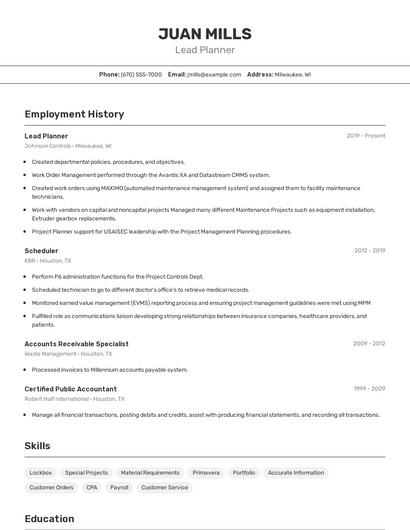 Lead Planner Resume