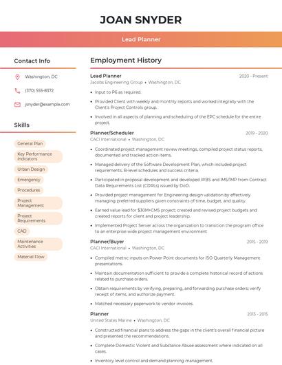 Lead Planner Resume