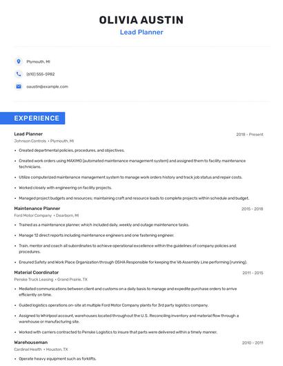 Lead Planner Resume
