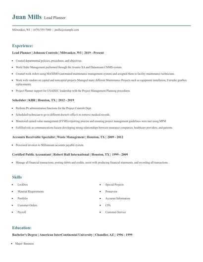 Lead Planner Resume