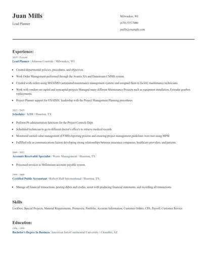 Lead Planner Resume